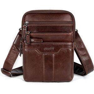 Men's Brown Small Zipper Messenger Pack Genuine Leather Sling Shoulder Bag